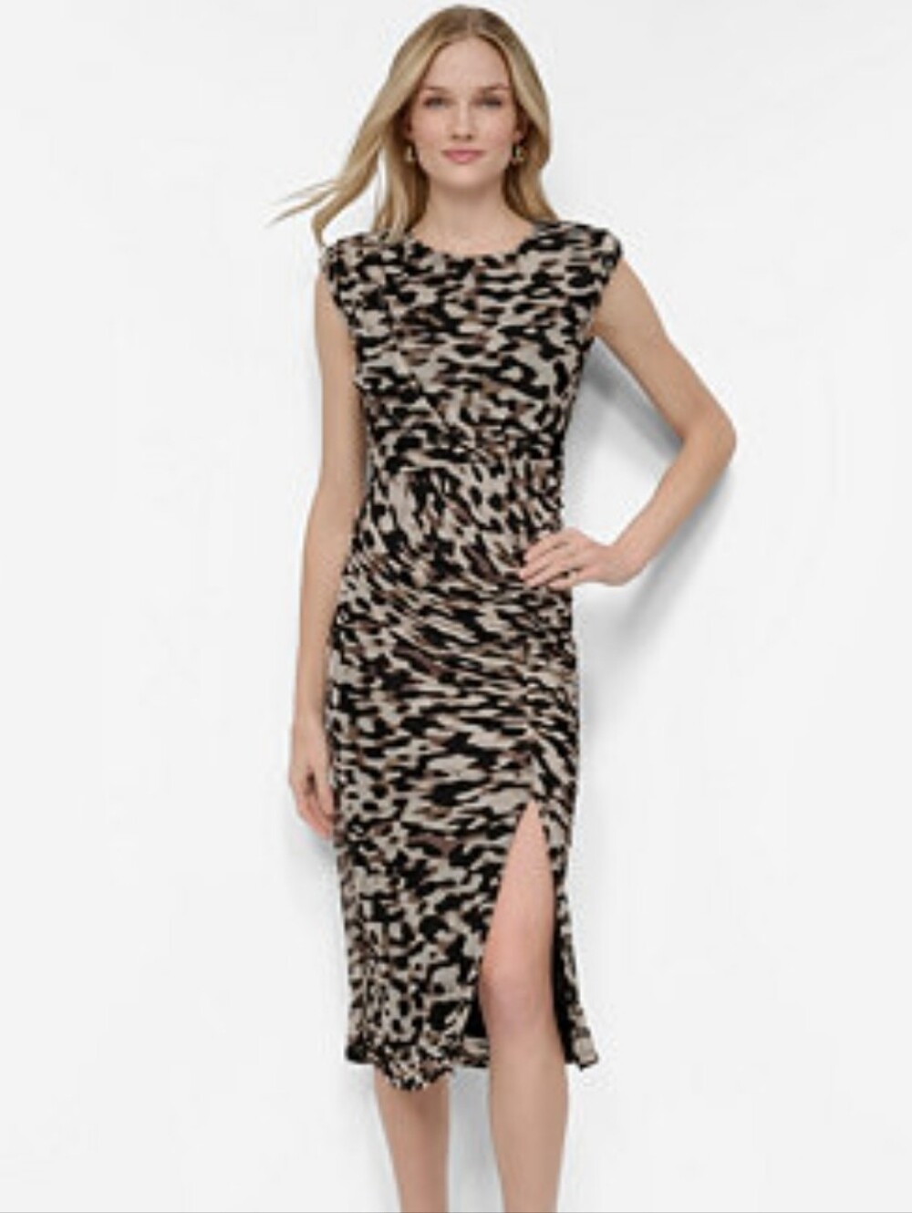 DKNY NWT Animal Print Ruched Draped Midi Dress Size 4 MSRP $134 Cocktail